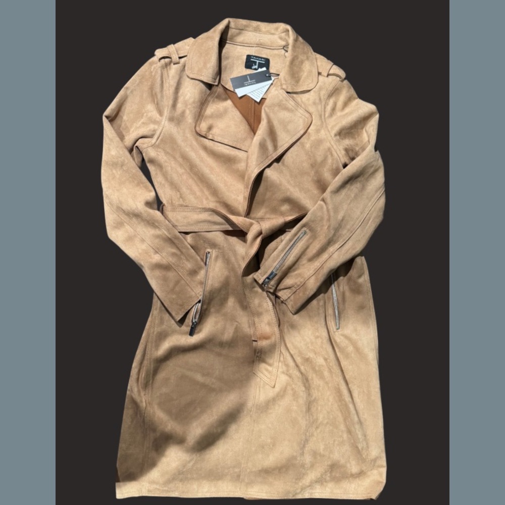 Tahari Medium Classic Camel Faux suede Trench Coat